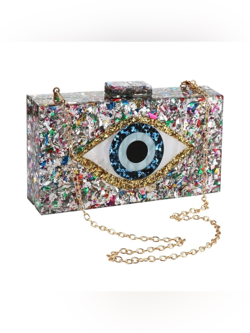 CITY ONE SILVER MULTICOLOR GLITTER EVIL EYE CLUTCH CROSSBODY BAG